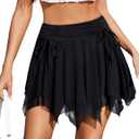 Avidlove Mini Skirts for Women Mesh Flowy Y2k Skirt Drawstring Ruched Bow Layer Asymmetrical Short Skort (Medium, Black)