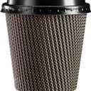 GUSTO [10 oz. - 50 Sets Insulated Brown Patterned Ripple Paper Hot Coffee Cups With Lids (Lids Color May Vary) - Ideal for Hot Beverages, Travel, and Office Use - (Formerly Comfy Package)