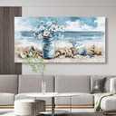 yearainn Coastal Canvas Wall Art - Rustic Jar Flowers Pictures Wall Decor Seashells Seaside Painting Artwork Ocean Landscape Prints for Living Room Bedroom Office Home Decor Ready to Hang 48" x 24"