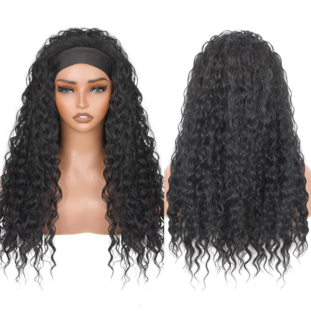 Curly Headband Wig for Women, 20 Inch Wear and Go Glueless Wigs Deep Wave Wig Half Wig As Human Hair with 1 Headband, 180% Density Synthetic Wigs None Lace Front 