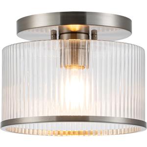 Zlepmlla Glass Ceiling Light, Clear Ribbed Glass Ceiling Light Fixture with Nickel Metal Frame, Modern Semi Flush Mount Ceiling Light for Hallway,Entryway, Bedroom, Bathroom, Kitchen