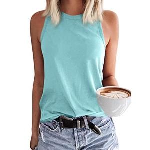 Langwyqu Womens Crewneck Sleeveless Tank Tops Summer Casual Loose Fit Basic Shirts Sky Blue S