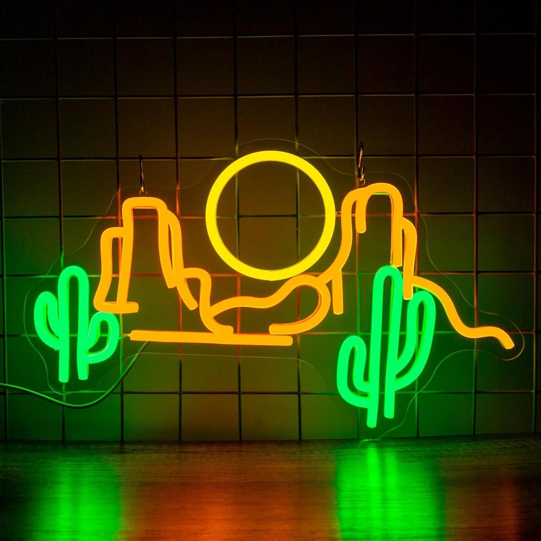 Cactus Mountain Neon Sign, Sunset Neon Signs for Wall Decor, Dimmable Led Signs for Bedroom, Western Landscape Light Up Signs for Bar Kids Room Man Cave Game Room Gaming Wall Birthday Gift (gold green)