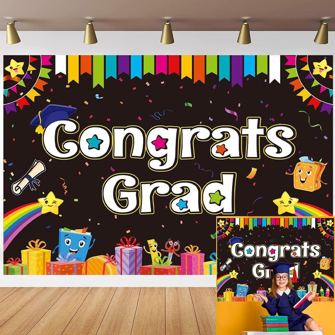 Preschool Graduation Backdrop Colorful Congrats Grad Banner for Kindergarten Class of 2026 Ceremony Supplies Congratulations Grad Party Outdoor Decorations (8X6 FT)