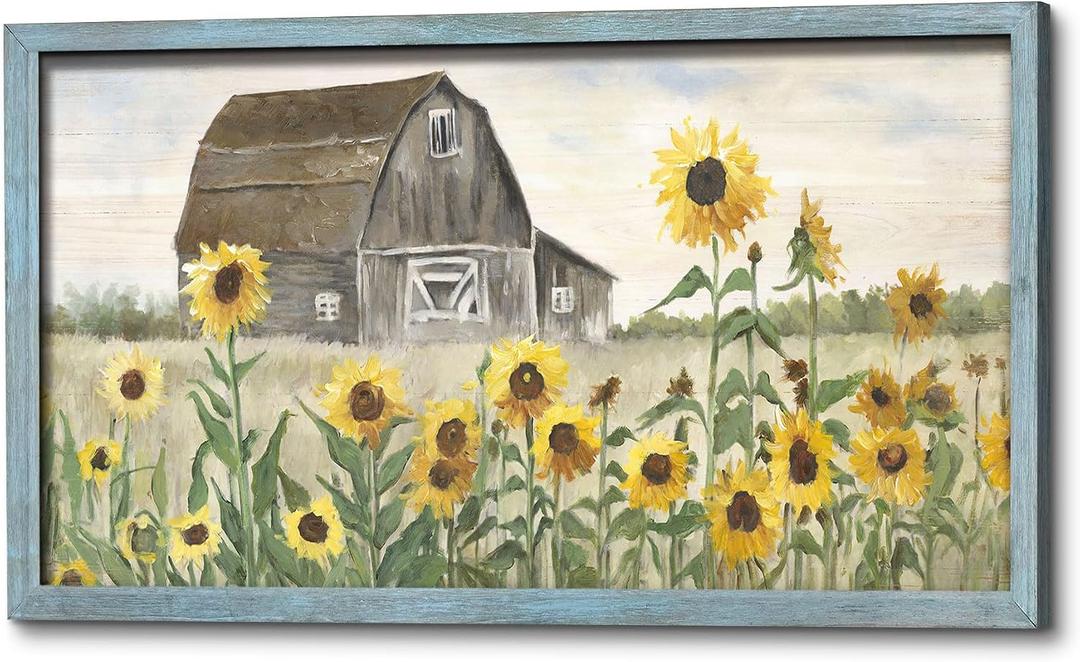 Countryside Barn Framed Wall Art: Rustic Farmhouse Painting Yellow Sunflowers Wooden Picture Artwork for Living Room Bedroom Kitchen Decor