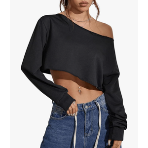 SweatyRocks Women's Off The Shoulder Boat Neck Y2k Crop Top Long Sleeve Solid Basic Loose Sweatshirt L