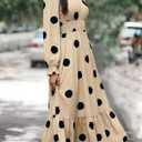 Women's Autumn Dress Long-Sleeved v-Neck Cinched Waist Elegant Large Polka Dot Long Dresses (Beige, M)