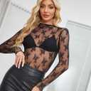 siliteelon Lace Tops for Women Mesh Long Sleeve Top Sheer Lace Shirt Floral Mock Neck Party Club Lace Undershirt