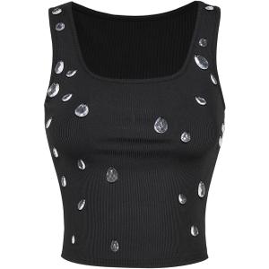 SweatyRocks Women's Rhinestone Square Neck Crop Tops Slim Fit Rib Knit Casual Tank Top (Large, Black)