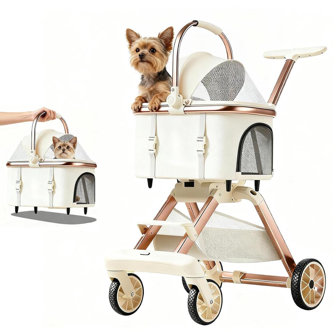 All-Terrain Pet Stroller for Small Medium Dogs & Cats, 20 lbs Capacity - Portable Carrier with One-Touch Brake, Lightweight Foldable Design & Shock Absorption Wheels,Beige