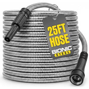 Bionic Steel 25 Ft Metal Garden Hose with Nozzle, 25Ft x 5/8 In. Premium 304 Stainless Steel Metal Water Hose, Flexible Non Kinking, Lightweight, Heavy Duty, for Yard, Outdoor