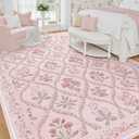 Pink Rug for Living Room 8x10, Soft Large Washable Area Rugs for Bedroom Girls, Boho Cute Floral Indoor Decor Non Slip Low Pile Carpet for Nursery Girls Room Kids Playroom, Pink Multi