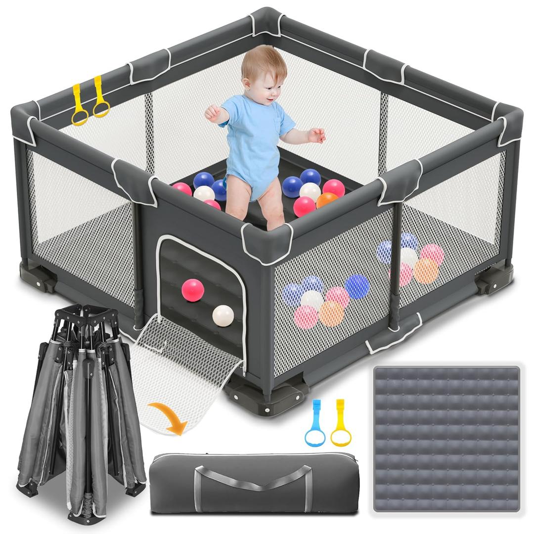 ICAREWAY Foldable Playpen for Babies and Toddlers, 50x50 Inches Portable Playpen, Kids Collapsible Play Pen with 2 Handlers, Indoor & Outdoor Baby Fence Play Area with Visible Mesh, Dark Gray