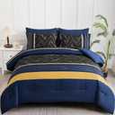 Luxudecor Blue and Yellow Comforter Set Queen Size, 7 Pieces Stripe Geometric Bed in a Bag, Marble Comforter and Sheet Set, Soft Microfiber Complete Bedding Sets for All Seasons