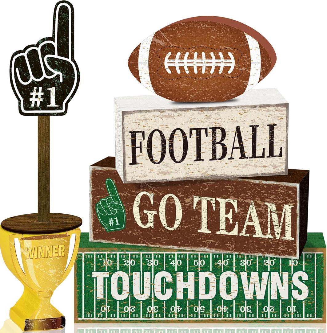 6 Pcs Football Wooden Table Decor - Wood Tiered Tray Tabletop Sign Gift for Centerpiece Home Room Birthday Party Decorations