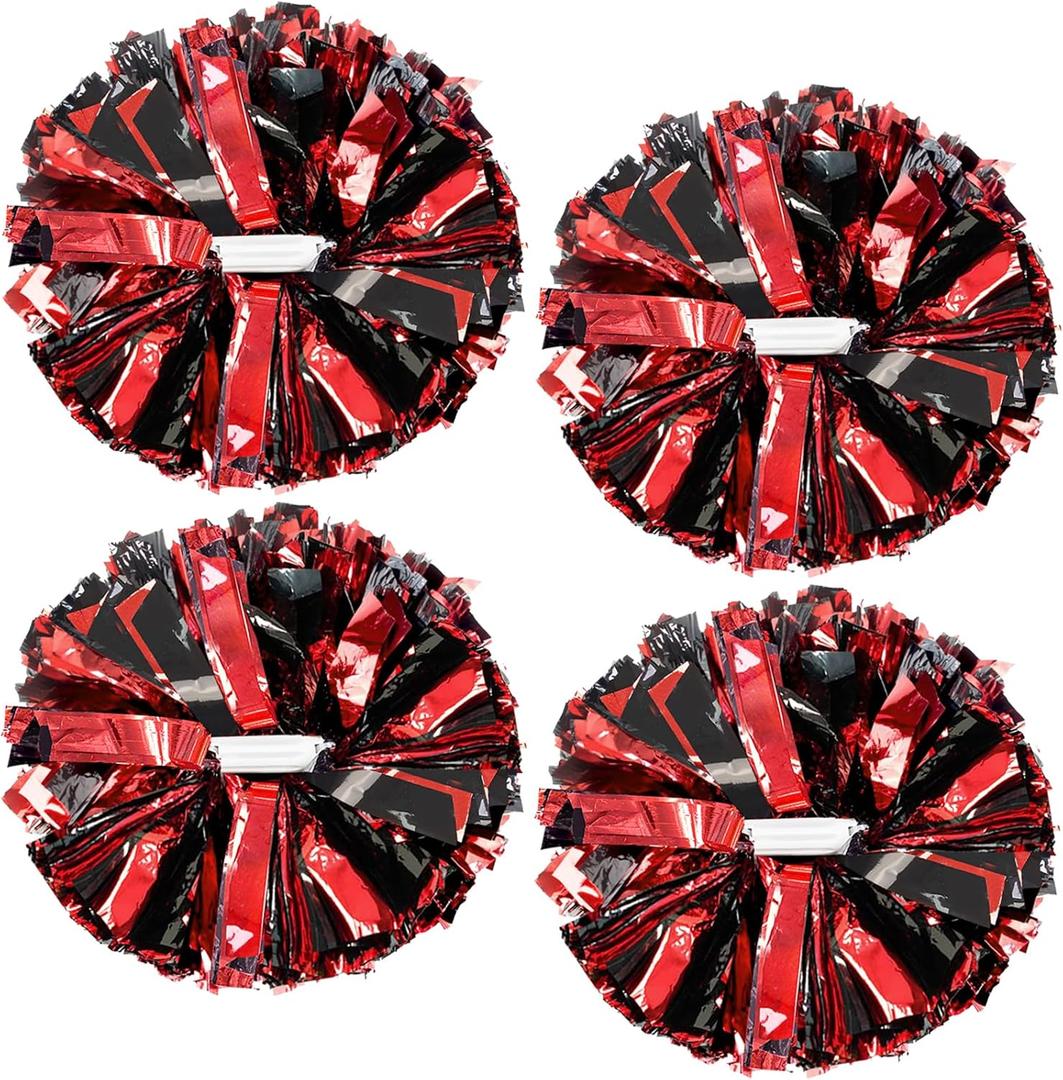 4Pcs Upgraded 12inch Metallic Cheerleading Pom Poms, HOLENGS Cheerleader Pompoms Cheer Poms for Kids Adults, Cheering Squad Pompoms for School Sports Games Dance Party (Black and Red)