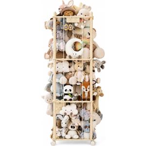 Stuffed Animal Toy Storage Zoo Organizer with wheels, Kids Wooden Toy Holder, Corner Stuffed Toy Storage Rack, Large Capacity Teddy Bear Organizer, Space Saving Nursery Bedroom Storage, Easy Install