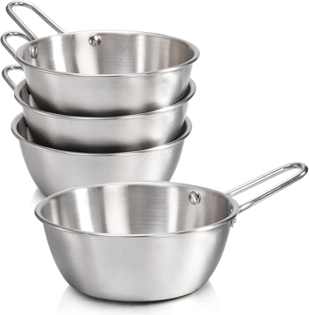 4 Pack Korean Traditional Wine Bowls, 18/8 Stainless Steel Makgeolli Bowls with Handle, Round Rice Bowl Camp Wine Cup, Silver Hiking Soup Dish for Picnic, Dinner Party