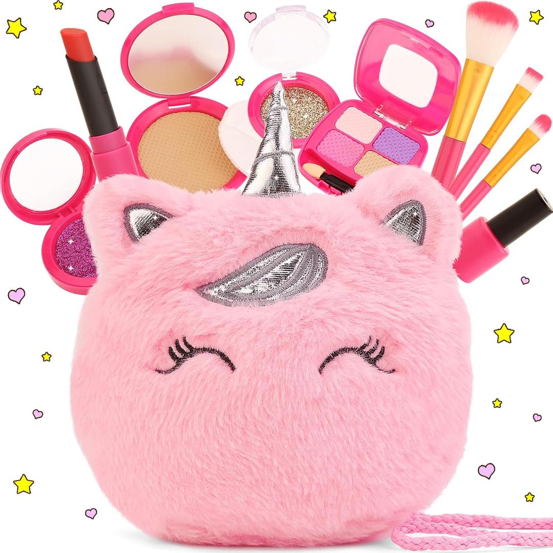 Pretend Makeup Kit for Toddlers Girls Toys Age 3 4 5 6 7 8 Years Old Gifts, Fake Play Makeup Set for Kids Toy 3-5 4-6, Unicorn Princess Little Girl Purse with Make up, Valentines Gifts for Girls