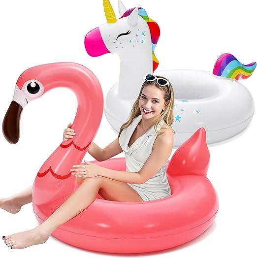 SLOOSH Unicorn Flamingo Pool Floats - 2-Pack Inflatable Pool Toys Floaties with Headrest, Pool Inflatables for Kids Beach Lake Summer Swimming Pool Party Decorations for Adults Kids