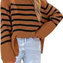 Womens Sweaters Fall 2025 Overiszed Striped Long Sleeve Side Slit Loose Pullover Sweaters Knitted Tops (X-Large, Brown)
