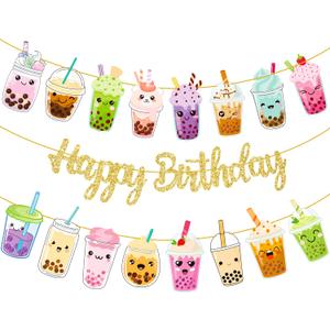 3pcs Bubble Tea Birthday Party Banners Boba Tea Birthday Decorations Gold Glitter Happy Birthday Banner Bubble Mill Tea Cutout Garlands for Baby Shower Supplies