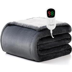 Homemate Heated Blanket Electric Throw - 50"x60" Heating Blanket Throw 1/2/4/6/8 Hours Auto-Off 10 Heat Level Over-Heat Protection Flannel Sherpa Electric ETL Certification (Light Grey)