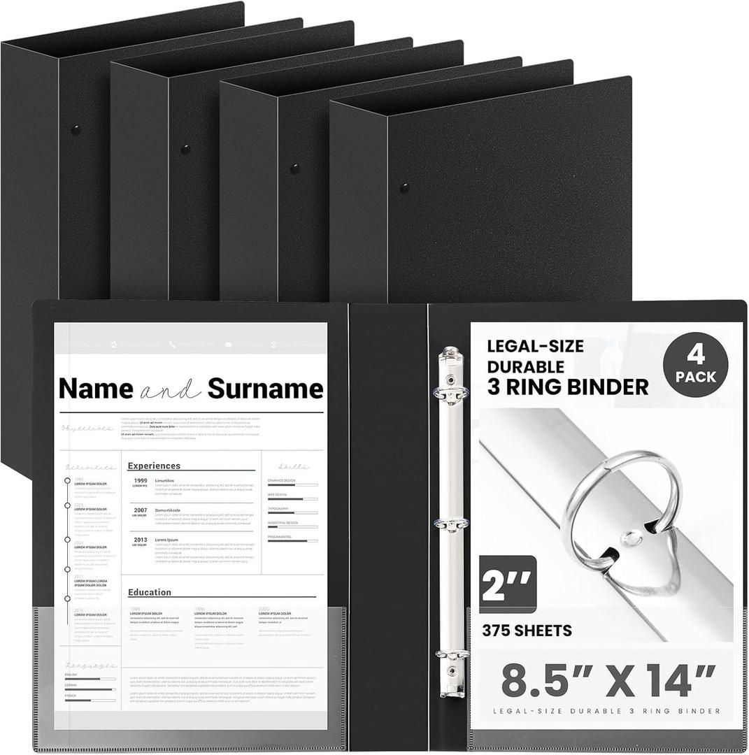 Henoyso 4 Pcs Legal Size Binder 3 Ring 2" Durable Black Binders for 8.5" x 14" Paper Hold up to 375 Sheets for Documents Artwork Blueprints, Office, Home, Work Places