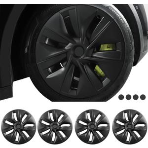 FORAUTOMOD Tesla Model Y 19 Inch Wheel Covers, Matte Black, 4 Pcs, ABS Material, Snap-On, Fits Tesla Model Y, 19-inch Wheel Compatible (19inch-Model Y 2021+, Matte Black-Gemini Dark(Asymmetry))