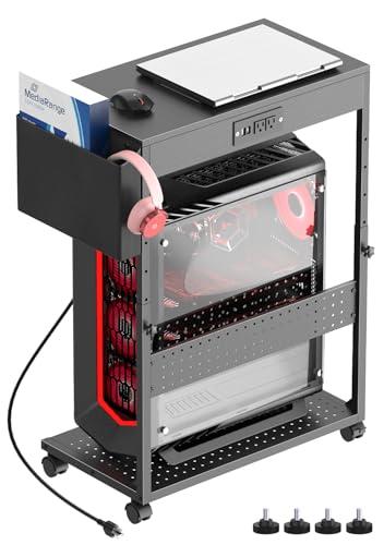 Adjustable Computer Tower Stand with Power Outlets & USB Charging, Heavy-Duty Rolling PC Stand, Under Desk CPU Holder Cart for ATX Case, Gaming PC, E-Sports & Home Office, Black
