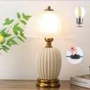 Ceramic Table Lamp Dimmable for Living Room, 16" Modern Vintage Bedside Nightstand Lamps with White Glass Shade,Classic Chinoiserie Retro Bedroom Lamp for Night Stands, Dorm,Office, Home Decor