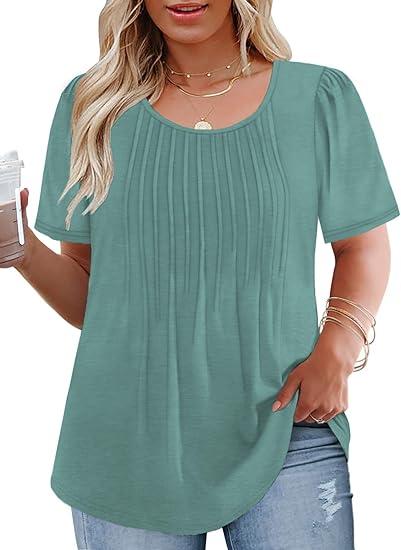 VISLILY Womens-Plus-Size-Summer-Tops Trendy Puff Short Sleeve T Shirts Cute Flowy Pleated Blouses Casual Crewneck Tunics Tee 2XL