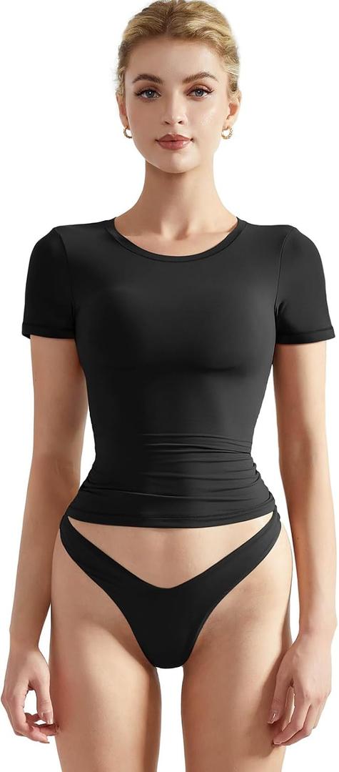 SUUKSESS Women Double Lined Fitted Basic Tee Crew Neck Short Sleeve Y2K Crop Top (Black, M)
