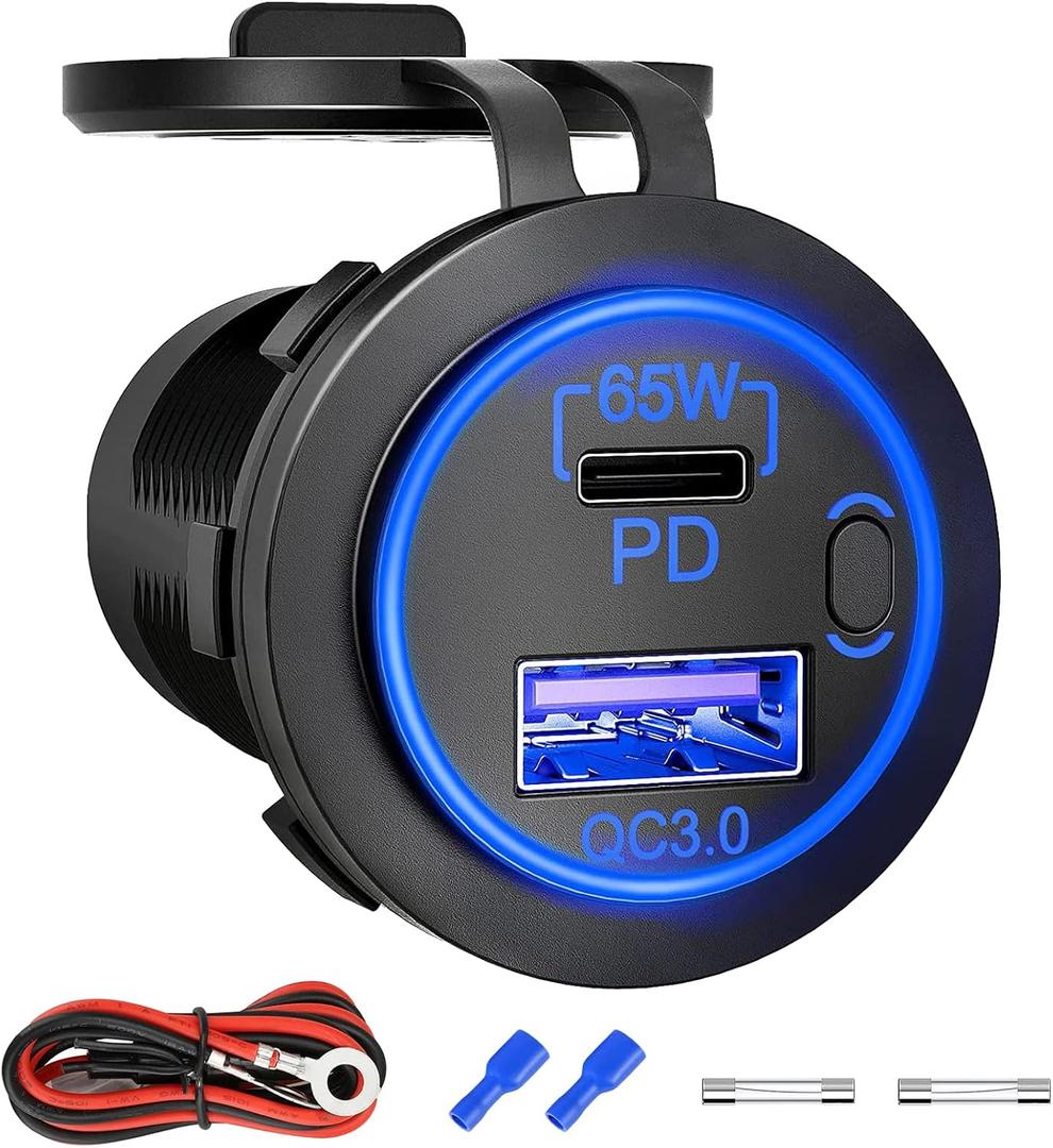 83W 12V USB Outlet, 18W QC 3.0 USB A & 65W PD USB C Car Charger Socket with ON Off Switch for Car Golf Cart Boat Marine Bus Truck RV Marine Motorcycle