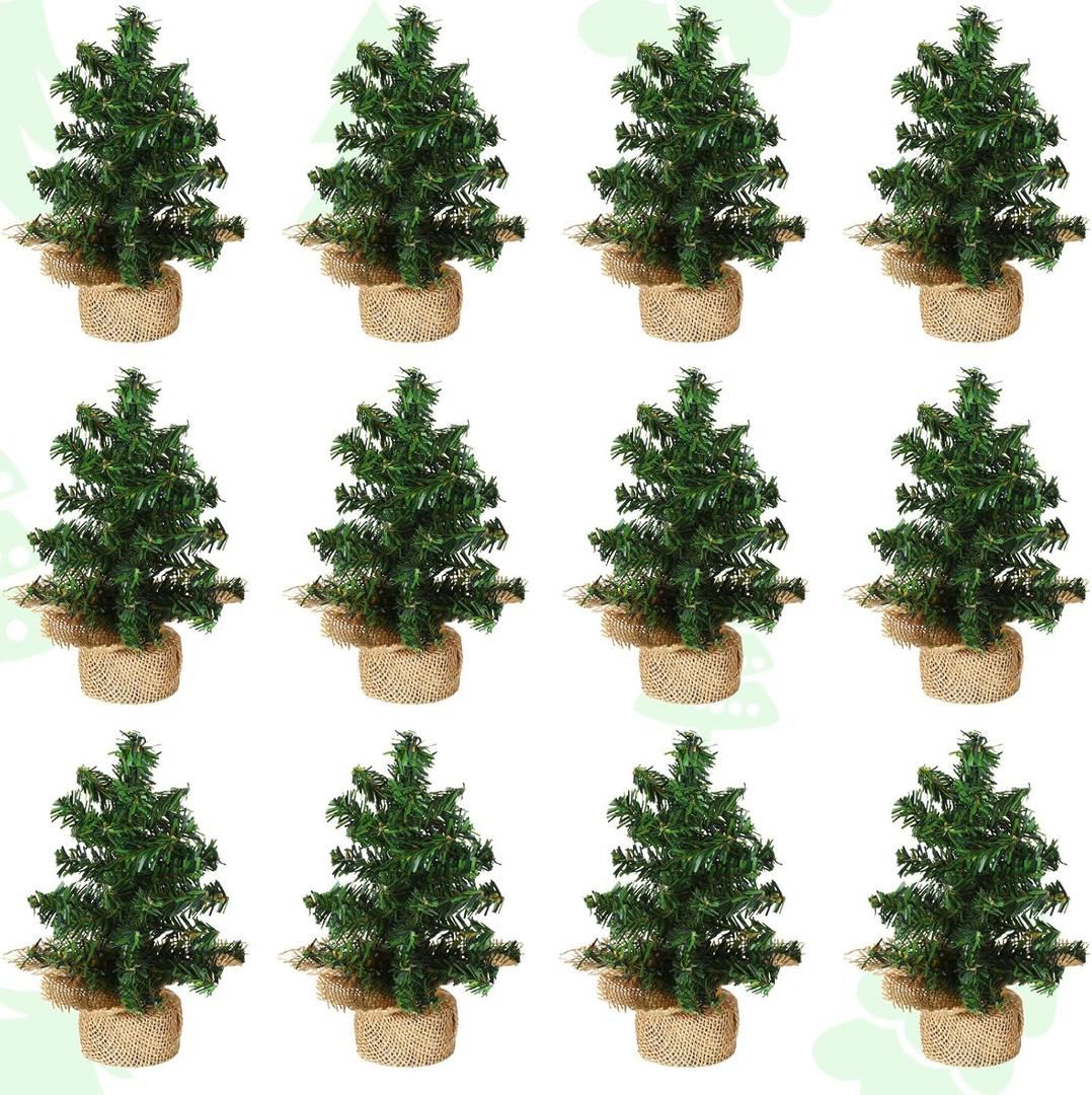 Yinder Tabletop 12 Pcs Mini Christmas Tree 5.91 Inches Artificial Mini Xmas Miniature Pine Christmas Tree with Linen Base for Xmas Holiday Decorations Indoor Home Kitchen Dining Table