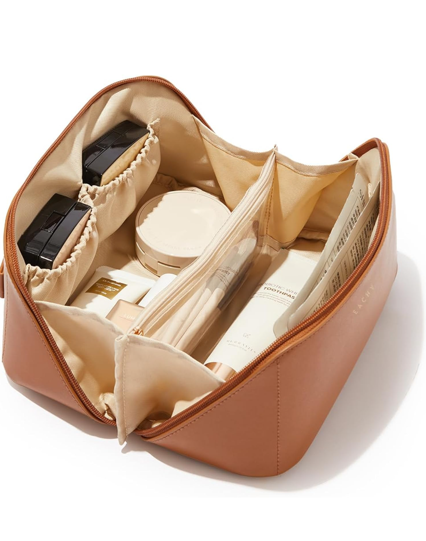 EACHY Travel Makeup Bag,Large Capacity Cosmetic Bags for Women,Waterproof Portable Pouch Open Flat Toiletry Bag Make up Organizer with Divider and Handle