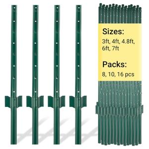 Metal Fence Posts, 3 FT Green Heavy Duty U Posts - 10 Packs, No Dig T Posts for Fences Wire Mesh, Perfect for Temporary Fencing, Electric Fence Wire, Corner Anchor