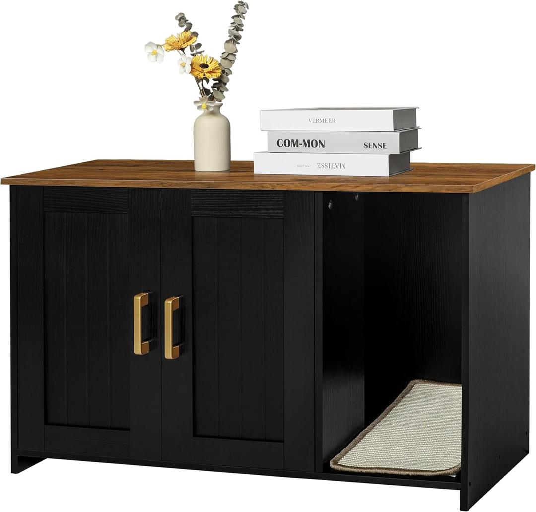 DWANTON Litter Box Enclosure, Cat Litter Box Furniture Hidden, with Scratching Mat, Wooden Cat Washroom Indoor, 31.5" L x 19.7" W x 21.7" H, Black and Warm Brown