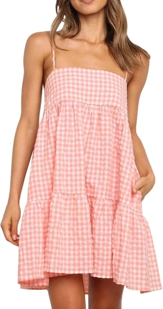 Wenrine Womens Summer Plaid Mini Dress Casual Spaghetti Strap Sleeveless A Line Beach Sundress with Pockets (Pink), Medium