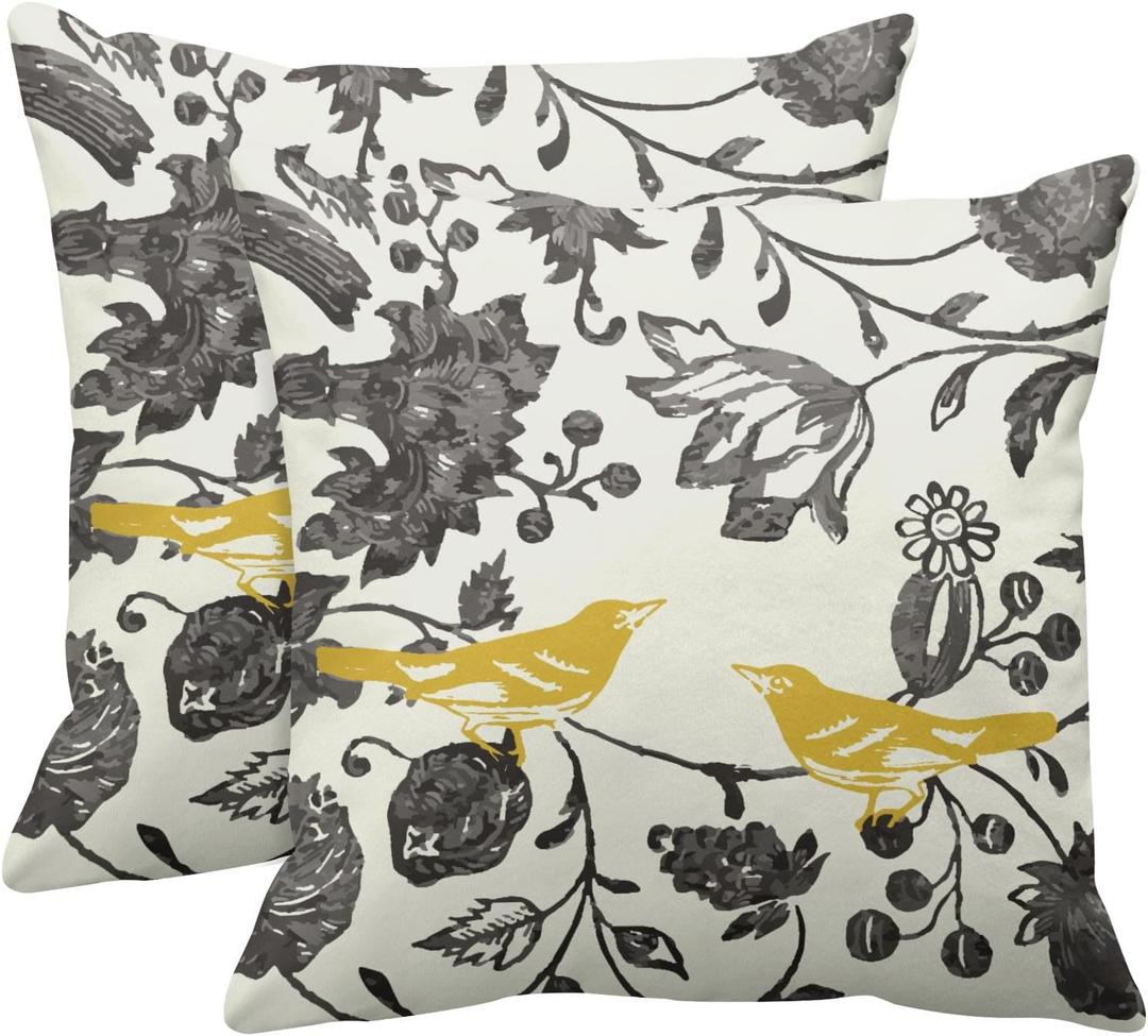 Emvency Set of 2 Floral Throw Pillow Cover Square Size 20x20 Inches Yellow Gray Vintage Bird Ivory Trendy Lumbar Decorative Pillowcase with Hidden Zipper Decor Cushion Gift for Holiday Sofa Bed