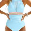 Tempt Me Women One Piece Swimsuit High Neck Plunge Ruched Tummy Control Bathing Suit (Blue, M)