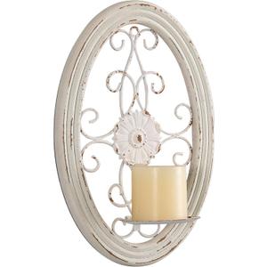 SOFE Rustic Oval Pillar Candle Wall Sconce - Distressed White Wall Candle Holder - Unique Metal Metal Wall Sconce - Scrollwork Wall Decor for Living Room, Bedroom, Entryway