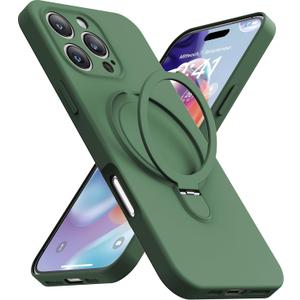 Magnetic Stand for iPhone 16 Pro Max Case, Liquid Silicone, [Compatible with MagSafe][Built-in Kickstand&Ring Holder] Anti-Scratch Soft Microfiber Lining, Midnight Green