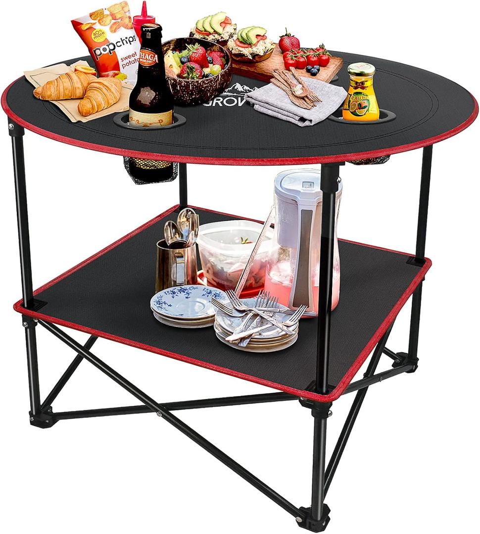 Portable Camping Table, Outdoor Beach Tables for Sand Foldable Picnic Table with 4 Cup Holders & Carry Bag, Lightweight Waterproof Canvas Tables for Outside, Fishing, Hiking, Tailgating