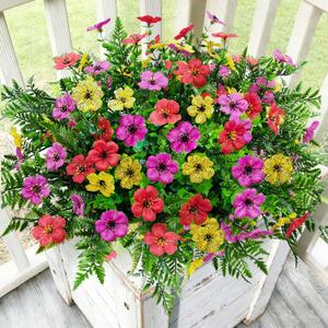 Artificial Flowers for Outdoors Decoration, 16 Bundles Silk Fake Flower with Ferns UV Resistant No Fade Faux Plants for Home Outside Planter Porch Patio Window Box Decor (3 Mixcolor)