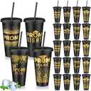 SiliFine 24 Set Graduation Prom 2026 Plastic Cups, 24oz Reusable Prom Plastic Tumblers Cup with Lids and Straws Graduation Party Dinnerware Supplies Bulk for Cold Drink (Black Gold)