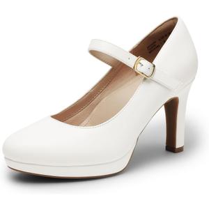 DREAM PAIRS Women's Pumps Close Toe Classic High Heels Round Toe Comfortable Low Platform Mary Jane Dress Shoes (8.5, White)