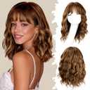 Wavy Bob Wigs with Bangs for Women Heat Resistant Synthetic Short Shoulder Length Highlight Wig Natural Looking for Daily Wear or Cosplay (Brown Mixed Honey Blonde, 14 Inch)