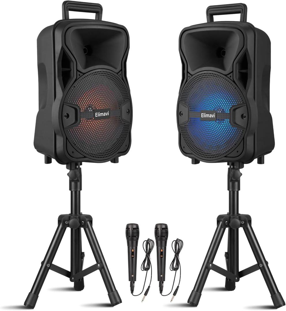 Portable Dual 8-Inch PA System DJ Speaker with Stands, Wireless Karaoke Sound System for Indoor Outdoor Events, TWS/AUX/USB Black