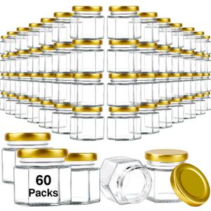 60 Pack Mini Glass Honey Jars, 2 oz Small Spice Jar, Hexagon Glass Jars with Gold Lids, Small Containers with Airtight Lids, Canning Jar for Gifts, Wedding Party Favors, DIY Crafts